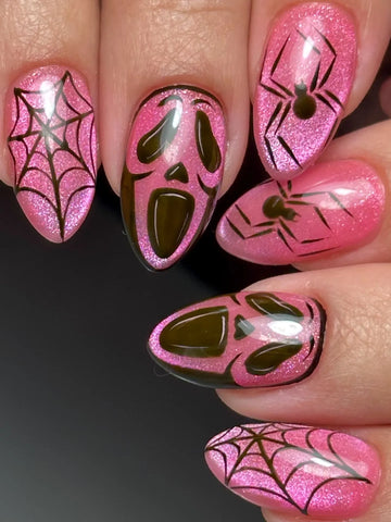 Handmade Spooky Halloween Pink Cat Eye Ghost-face Scream Spider Web Fake Nails PU0