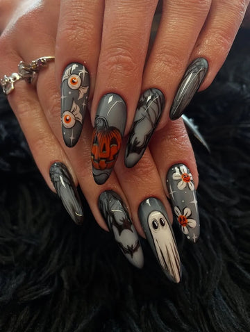 Handmade Spooky Halloween Smoky Grey Jack O Lantern Ghost Eye Spooky Daisy Press on Nails PX7
