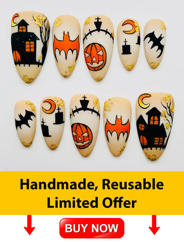 Handmade Spooky Halloween Themed Press on Nails - Black Orange Reusable Fingernails