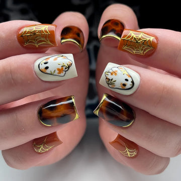 Handmade Spooky Halloween Tortoiseshell Orange Gold Chrome Spiderweb Ghost Fake Nails QA5