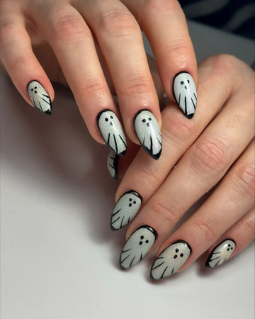 Handmade Spooky Silver Glow-in-the-dark Ghost Silhouette Bold Outline Halloween Nails PY6