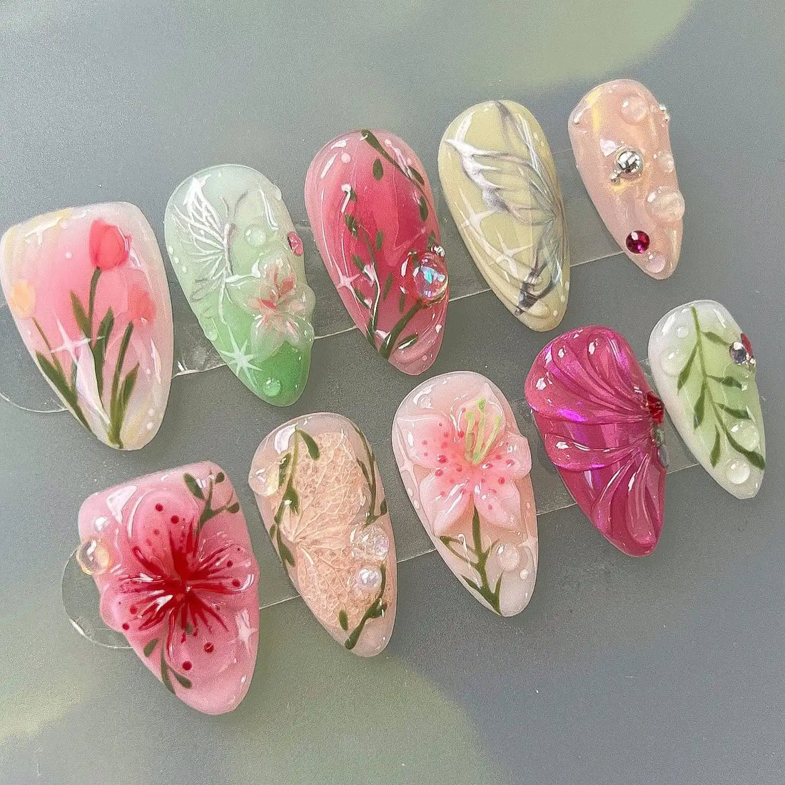 Handmade Spring Garden Floral Bloom Pink Green Nature Art Press on Nails A04