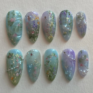 Handmade Spring Garden Pearl Watercolor Fake Nails - Floral Blue Purple C12