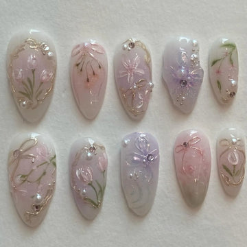 Handmade Spring Pastel Pink Lilac Floral Pearls Gold Swirl Press on Nails G83