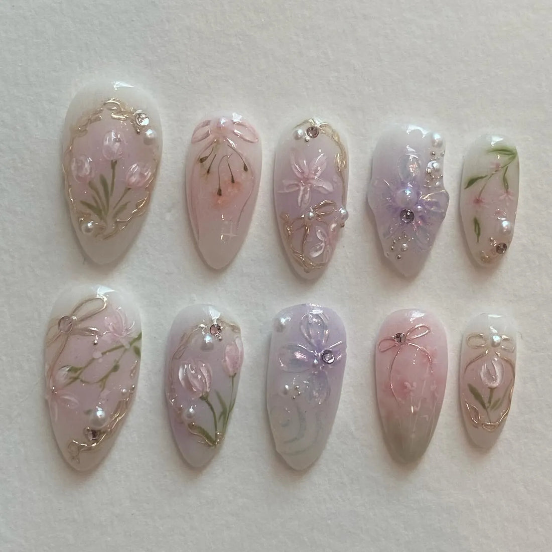Handmade Spring Pastel Pink Lilac Floral Pearls Gold Swirl Press on Nails G83