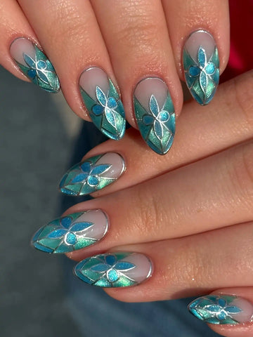 Handmade Stained Glass Floral Blue Silver Elegant Press on Nails R01