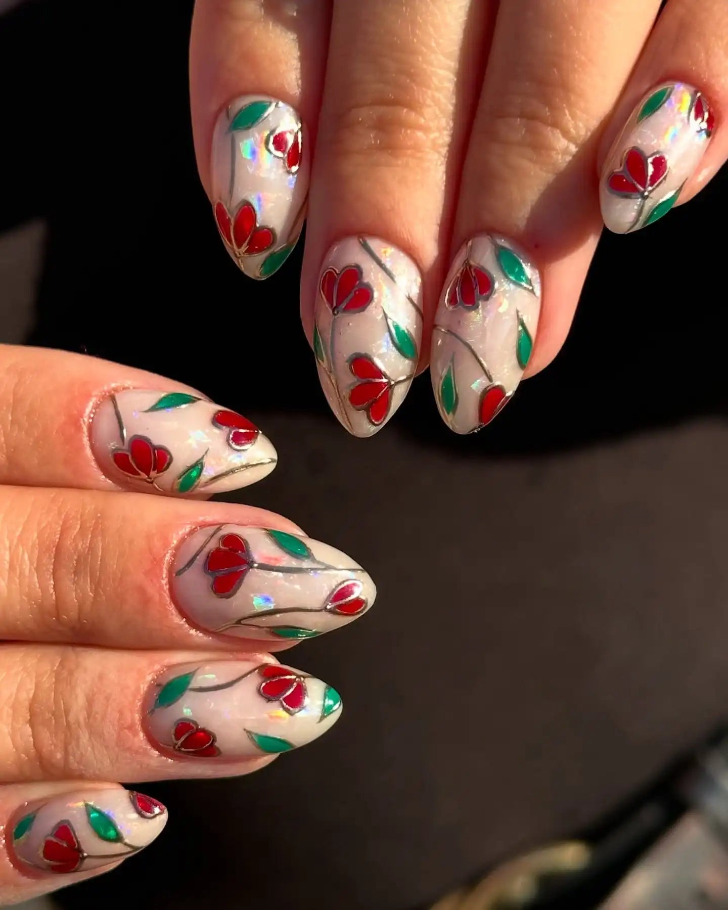 Handmade Stained Glass Floral Red Green Silver Elegant Press on Nails Z52