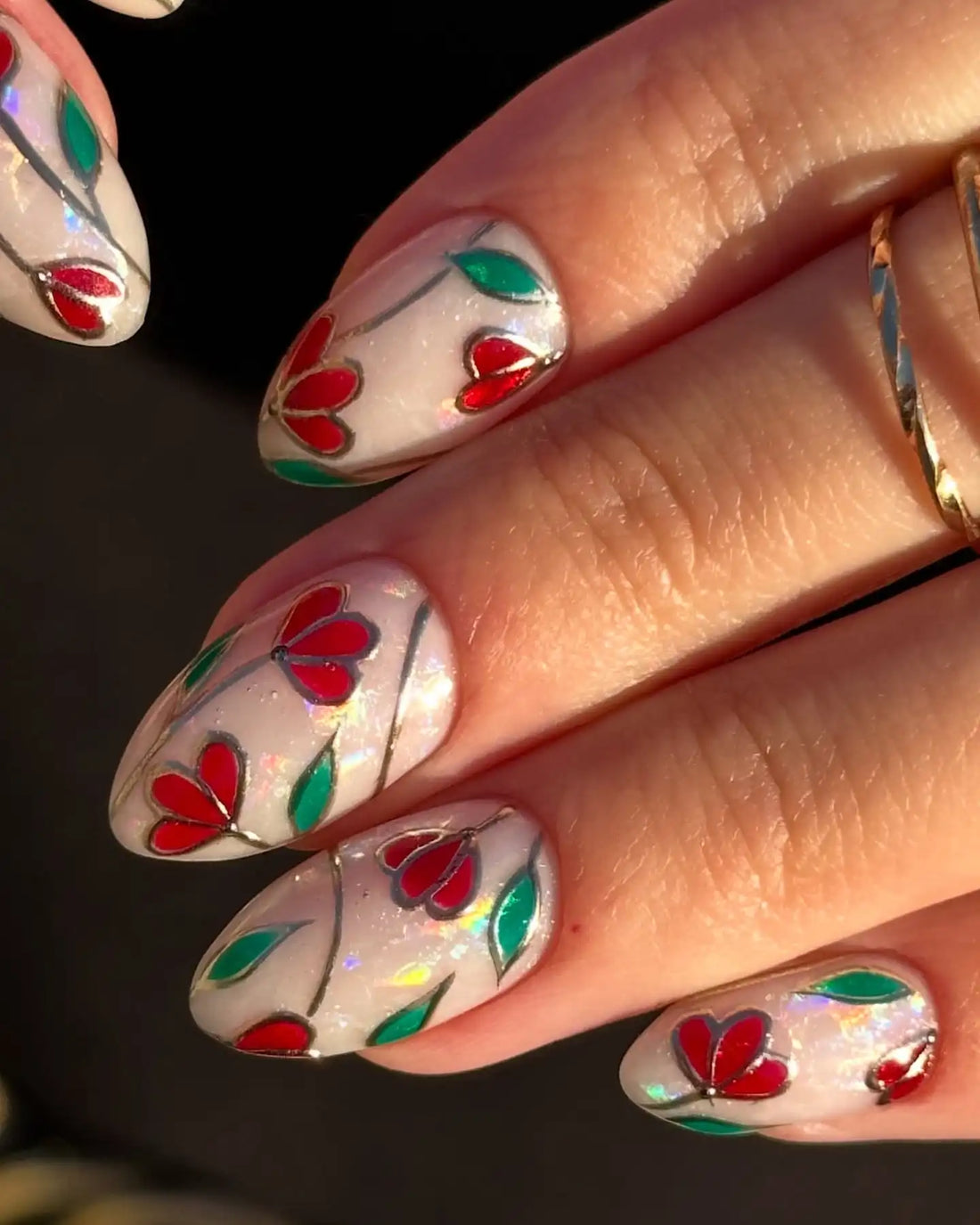 Handmade Stained Glass Floral Red Green Silver Elegant Press on Nails Z52