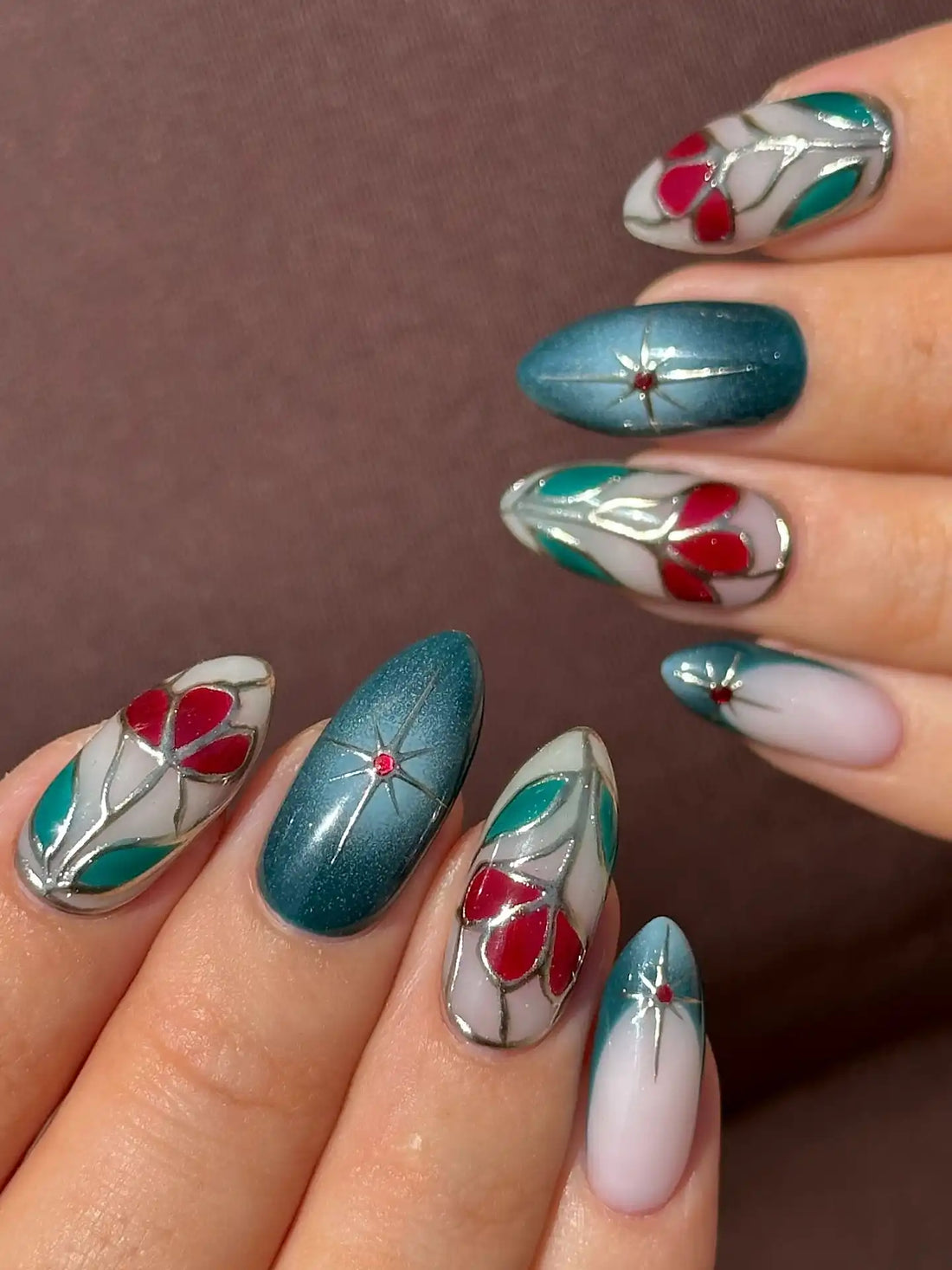 Handmade Stained Glass Floral Teal Red Cat Eye Press on Nails K46