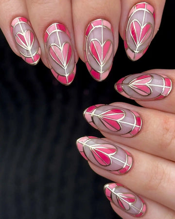Handmade Stained Glass Heart Pink Gold Press on Nails - Romantic Elegant V38