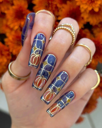 Handmade Stained Glass Pumpkin Gold Festive Autumn Fall Press on Nails H04