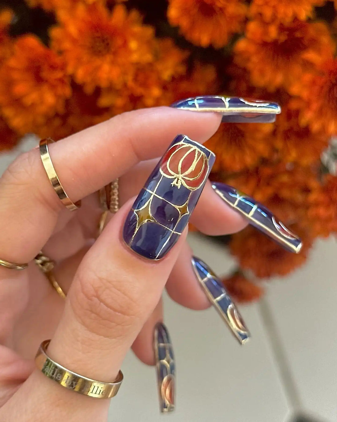 Handmade Stained Glass Pumpkin Gold Festive Autumn Fall Press on Nails H04