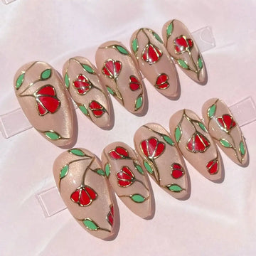 Handmade Stained Glass Red Rose Floral Gold Outline Press on Nails Z74