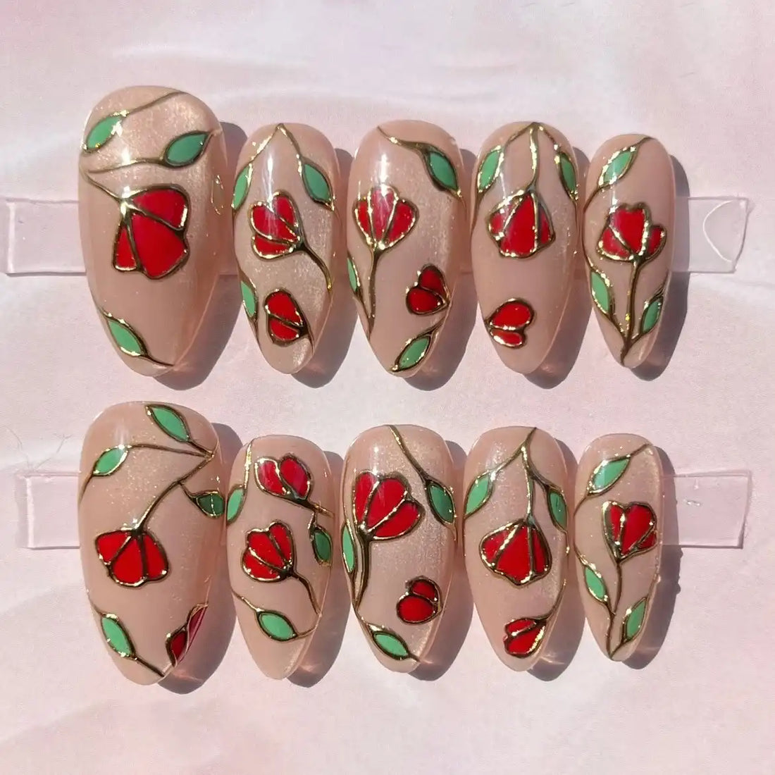 Handmade Stained Glass Red Rose Floral Gold Outline Press on Nails Z74