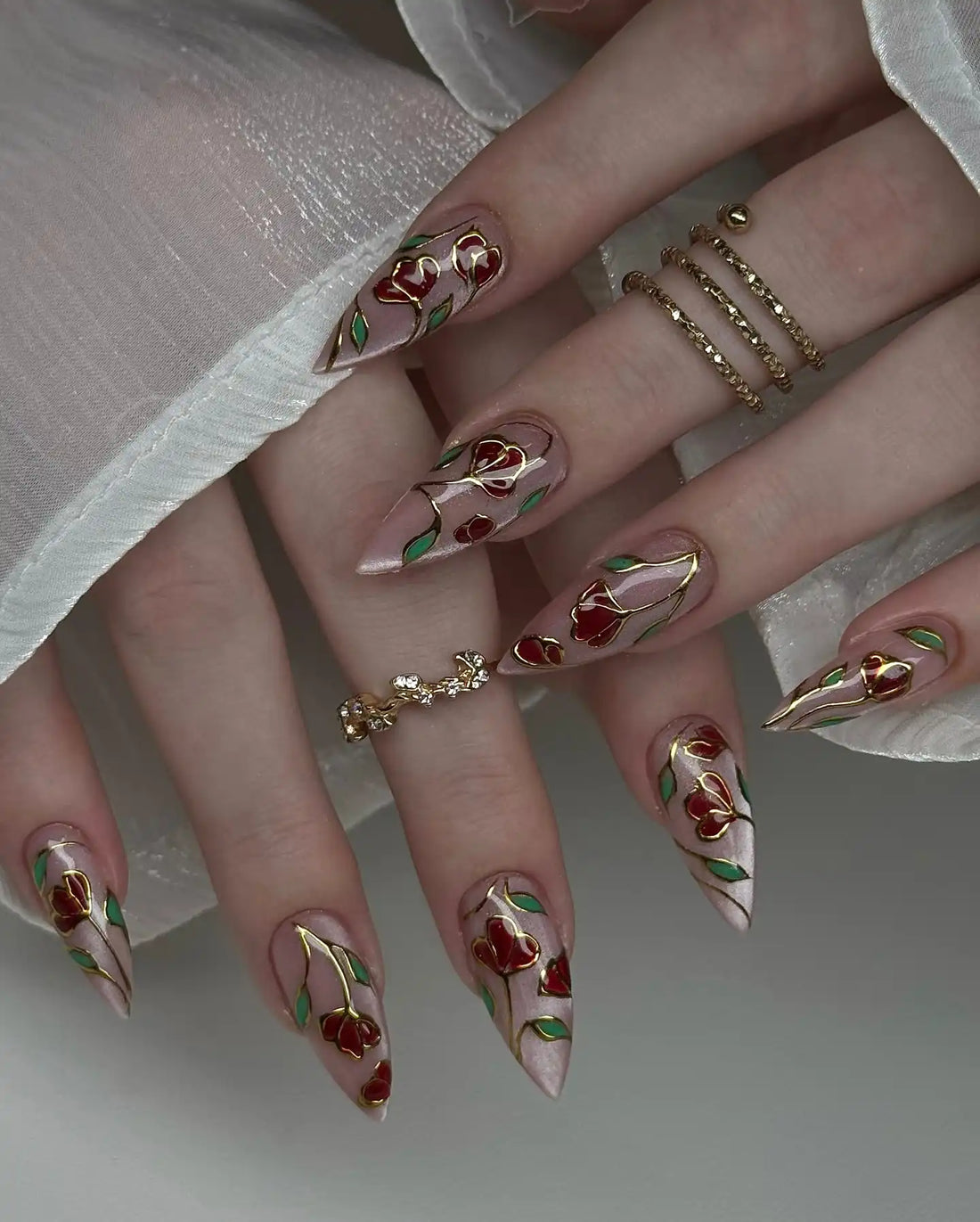 Handmade Stained Glass Rose Gold Floral Luxe Press on Nails F90