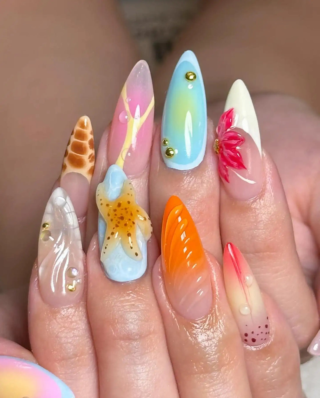 Handmade Starfish Blossom Snake Skin Summer Fake Nails M67