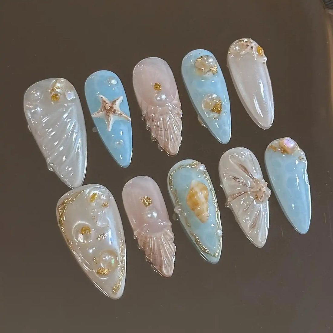 Handmade Starfish Mermaid Seashell Pearls Summer Press-on Nails E69