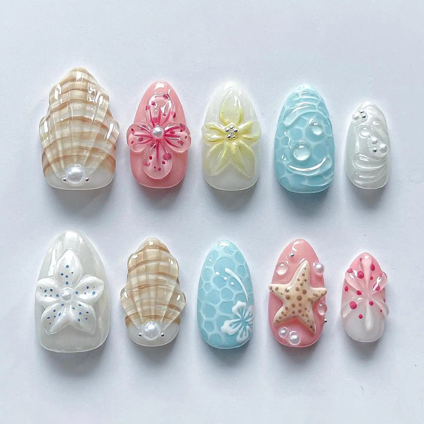 Handmade Starfish Seashell Floral Pastel Beach Party Press on Nails W53