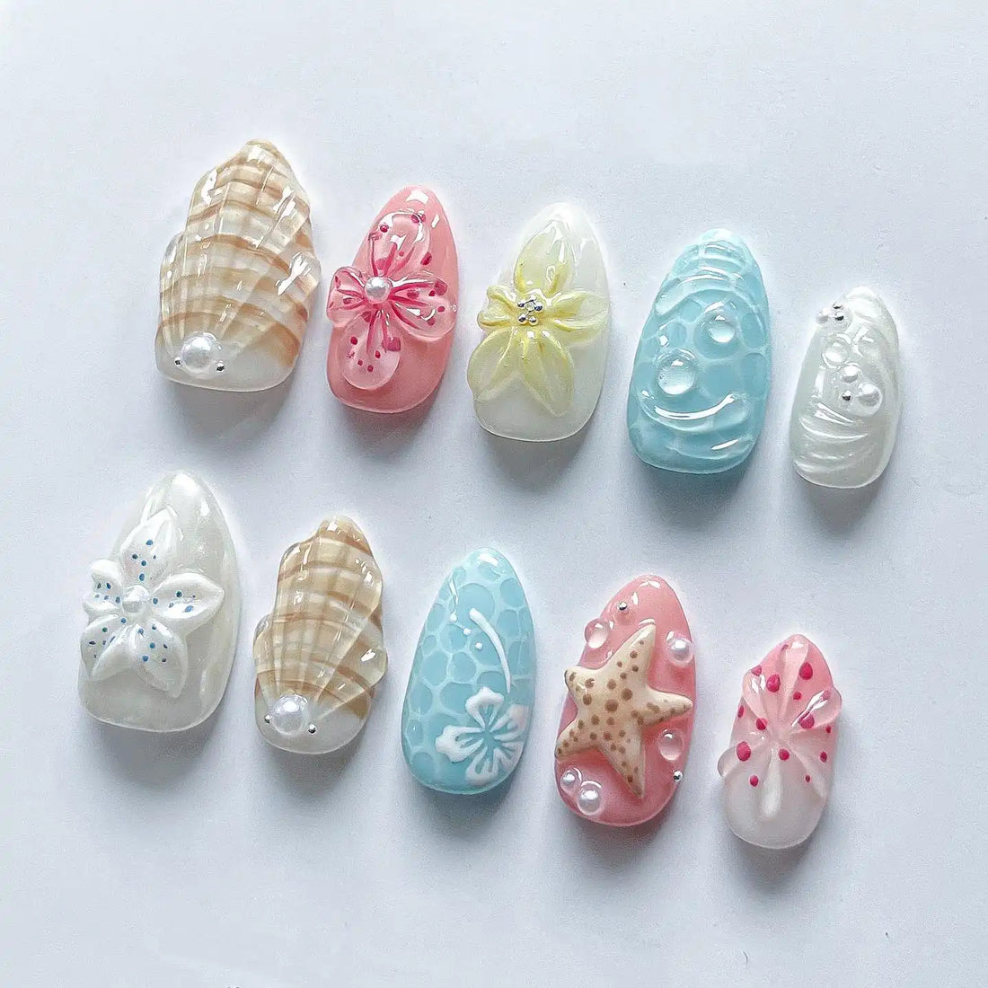 Handmade Starfish Seashell Floral Pastel Beach Party Press on Nails W53
