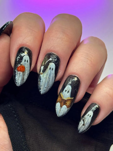 Handmade Storybook Midnight Black Shimmer Cute Sheet Ghost Press on Nails QB6
