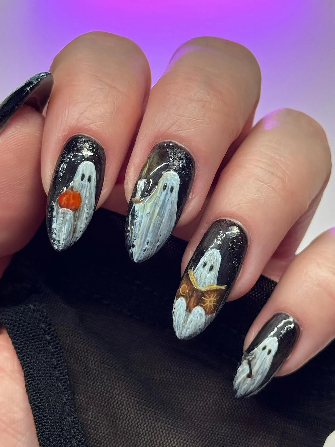 Handmade Storybook Midnight Black Shimmer Cute Sheet Ghost Press on Nails QB6