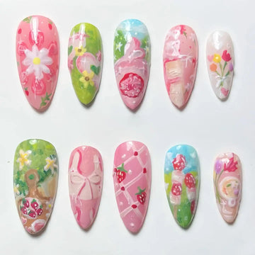 Handmade Strawberry Field Floral Picnic Summer Sweet Press on Nails P80