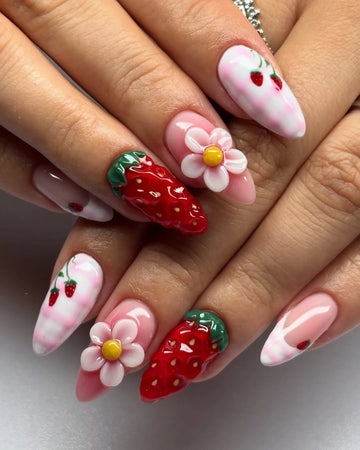 Handmade Strawberry Floral French Tip Kawaii Art Cute Press on Nails Y75