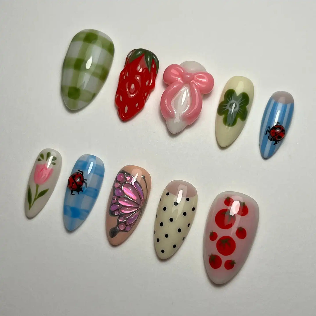 Handmade Strawberry Ladybug Flower Cute Press on Nails U54