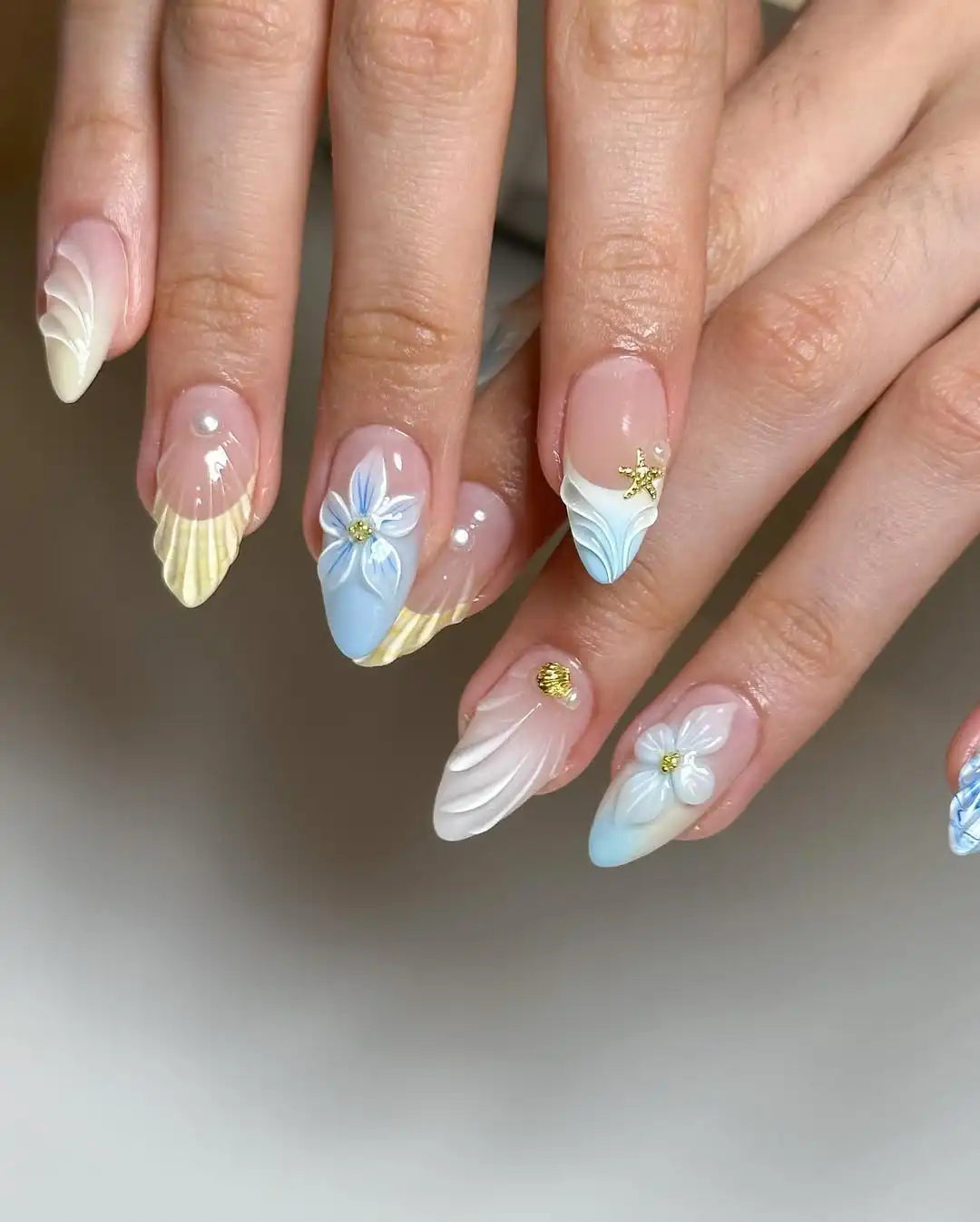Handmade Summer 3D Florals Mermaid in French Style Press on Nails X19
