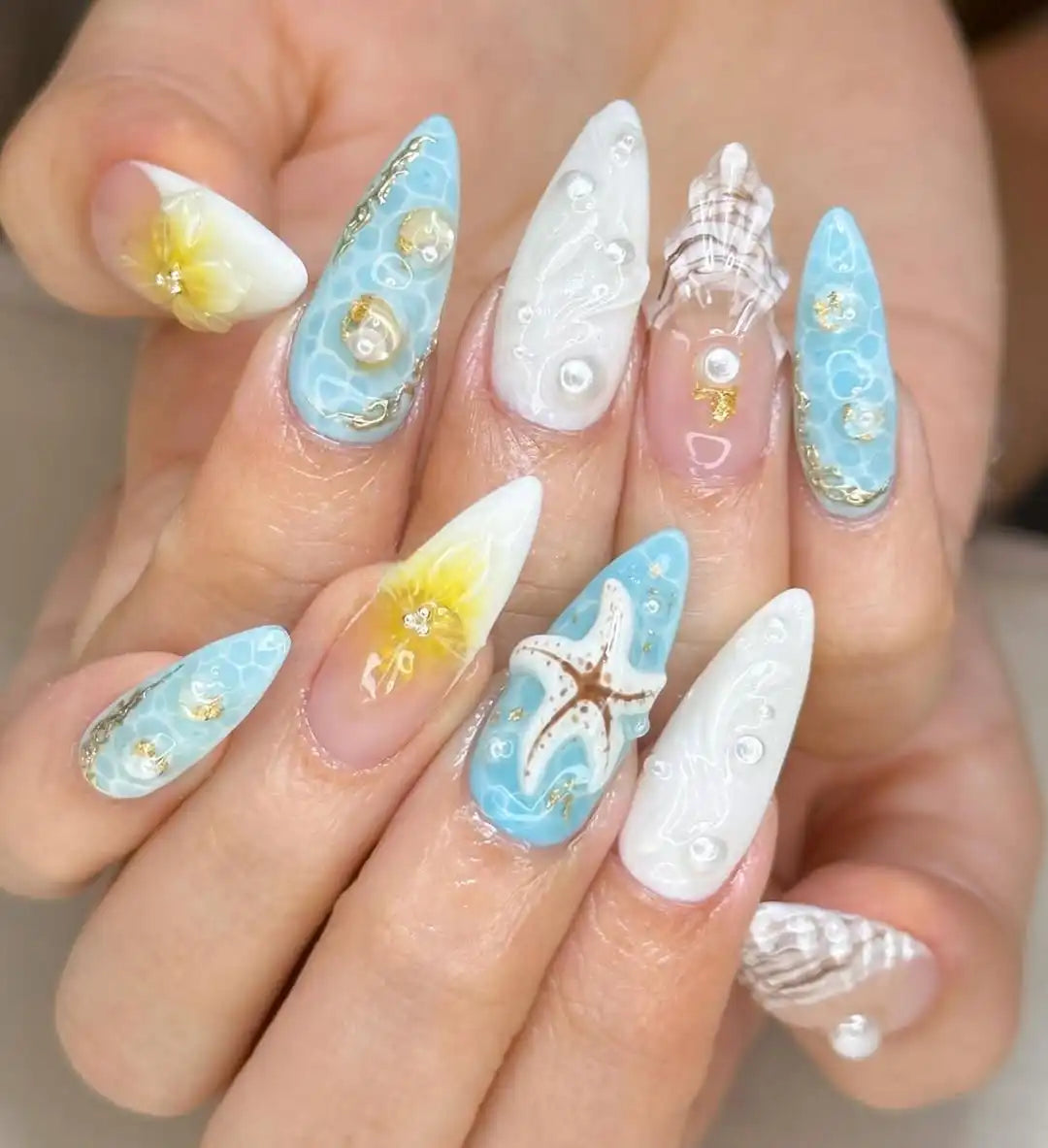 Handmade Summer Beach Starfish Seashell Pearls Fake Nails K48