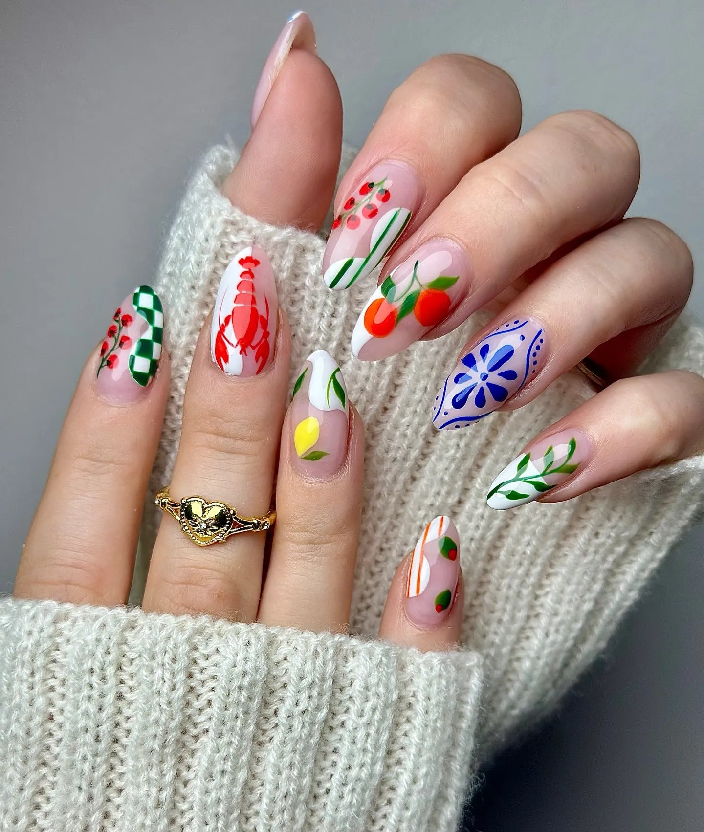 Handmade Summer Fruit Lobster Lemon Berry Checkered Fun Press on Nails O11