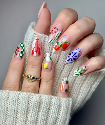 Handmade Summer Fruit Lobster Lemon Berry Checkered Fun Press on Nails O11