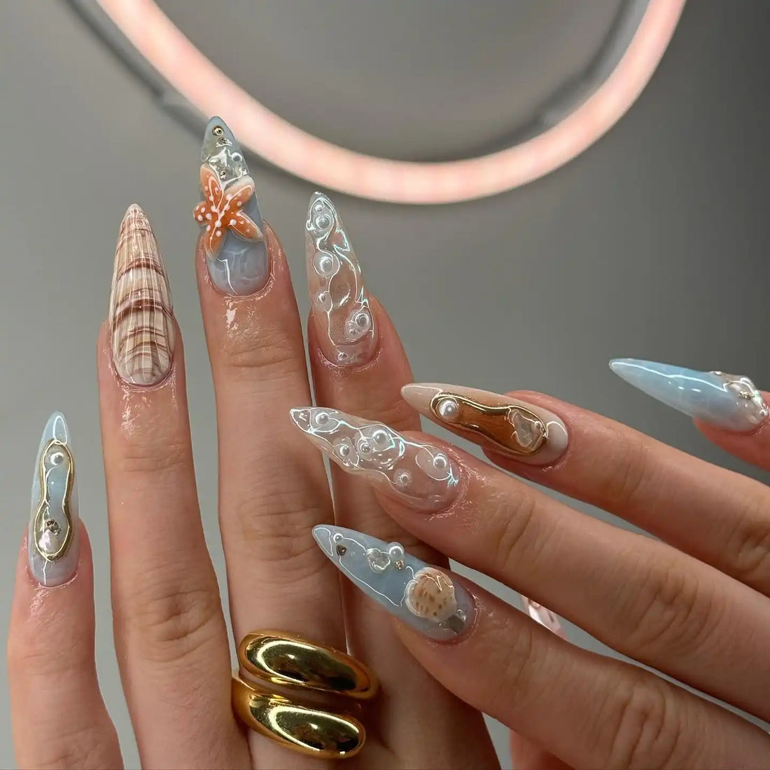 Handmade Summer Seashell Starfish and White Pearls Press on Nails A44