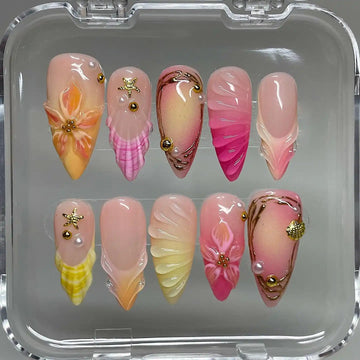 Handmade Sunset Ombre Pink Orange Floral Shell Gold Accent Press on Nails Y82