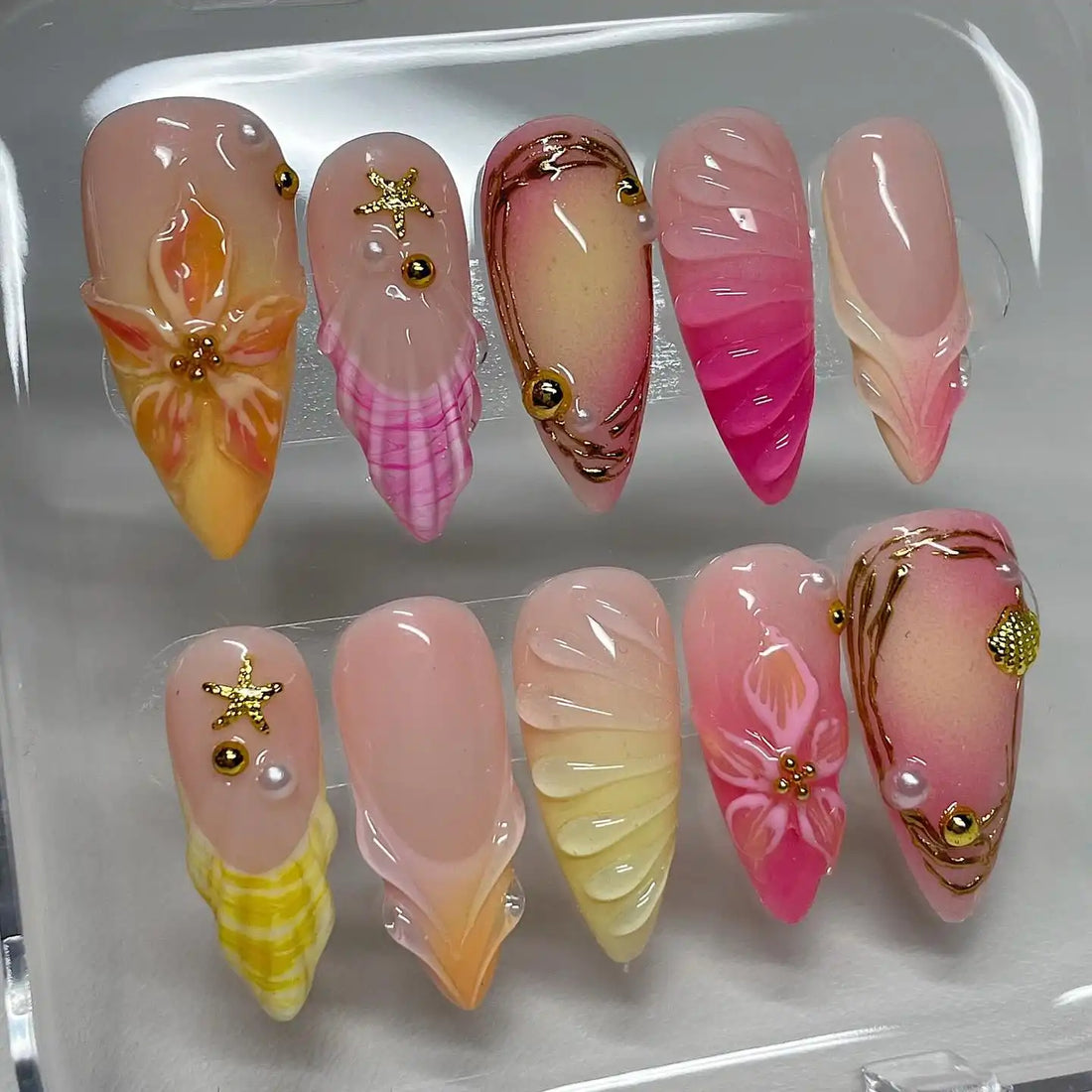 Handmade Sunset Ombre Pink Orange Floral Shell Gold Accent Press on Nails Y82