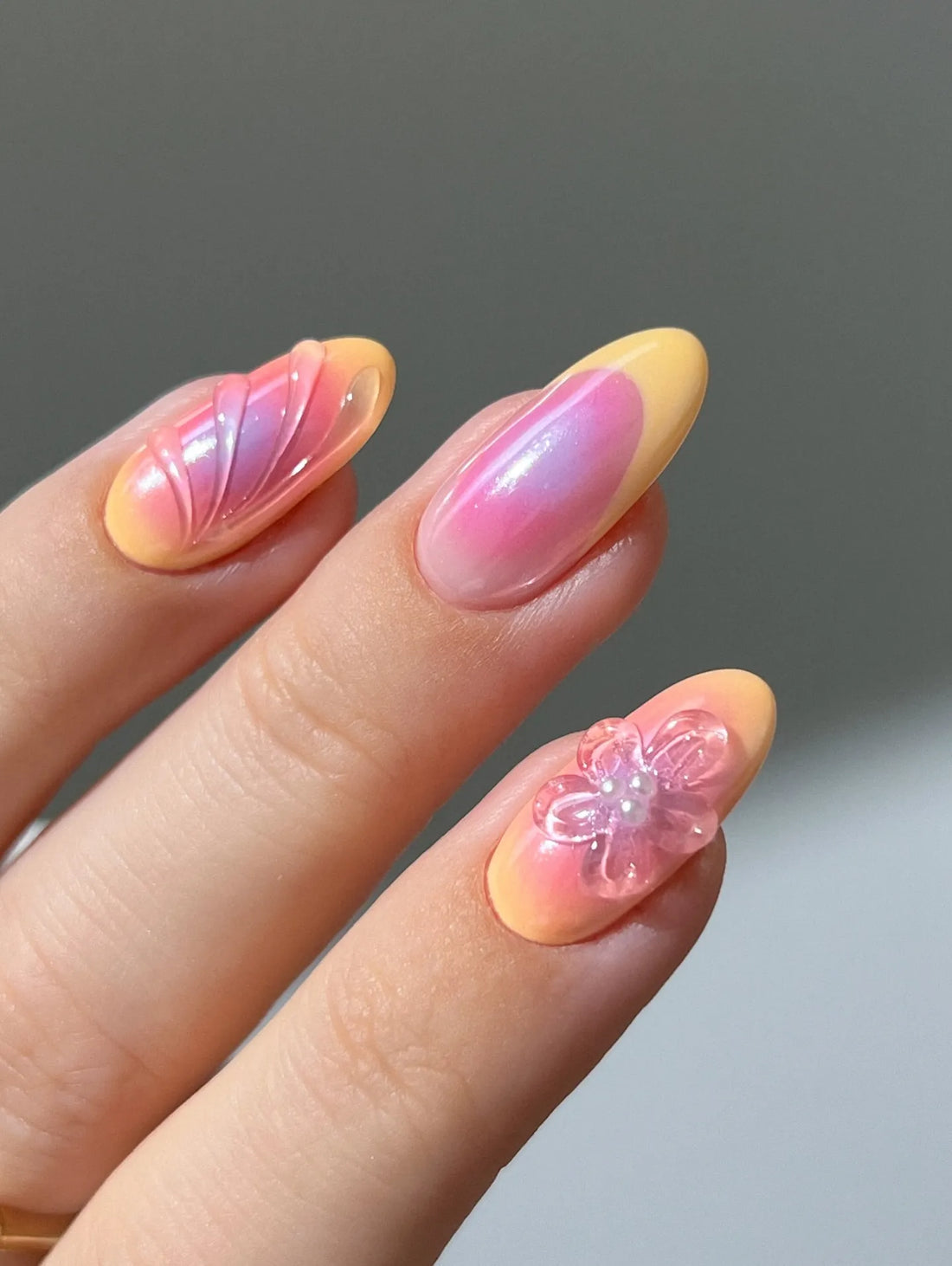Handmade Sunset Orange Pink Ombre Abstract Art 3D Flower Press on Nails O62