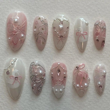 Handmade Swan Ballet Pearl Pink Rhinestone Elegant Press on Nails B05