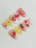 Handmade press-on nails with strawberry, jam, gingham, 3D floral and picnic designs
