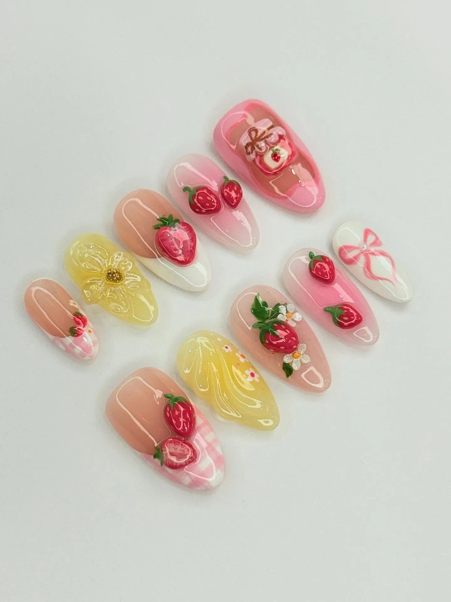 Handmade press-on nails with strawberry, jam, gingham, 3D floral and picnic designs