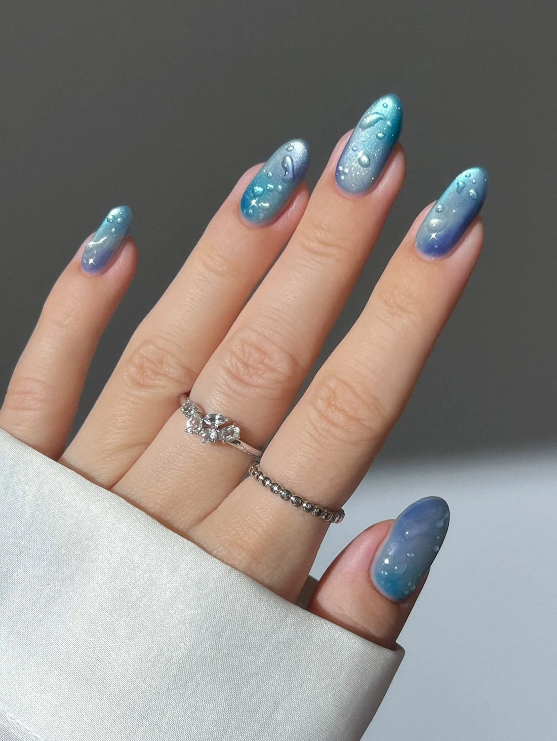 Handmade Teal Blue Ombre Water Drop Sparkle Press on Nails N07