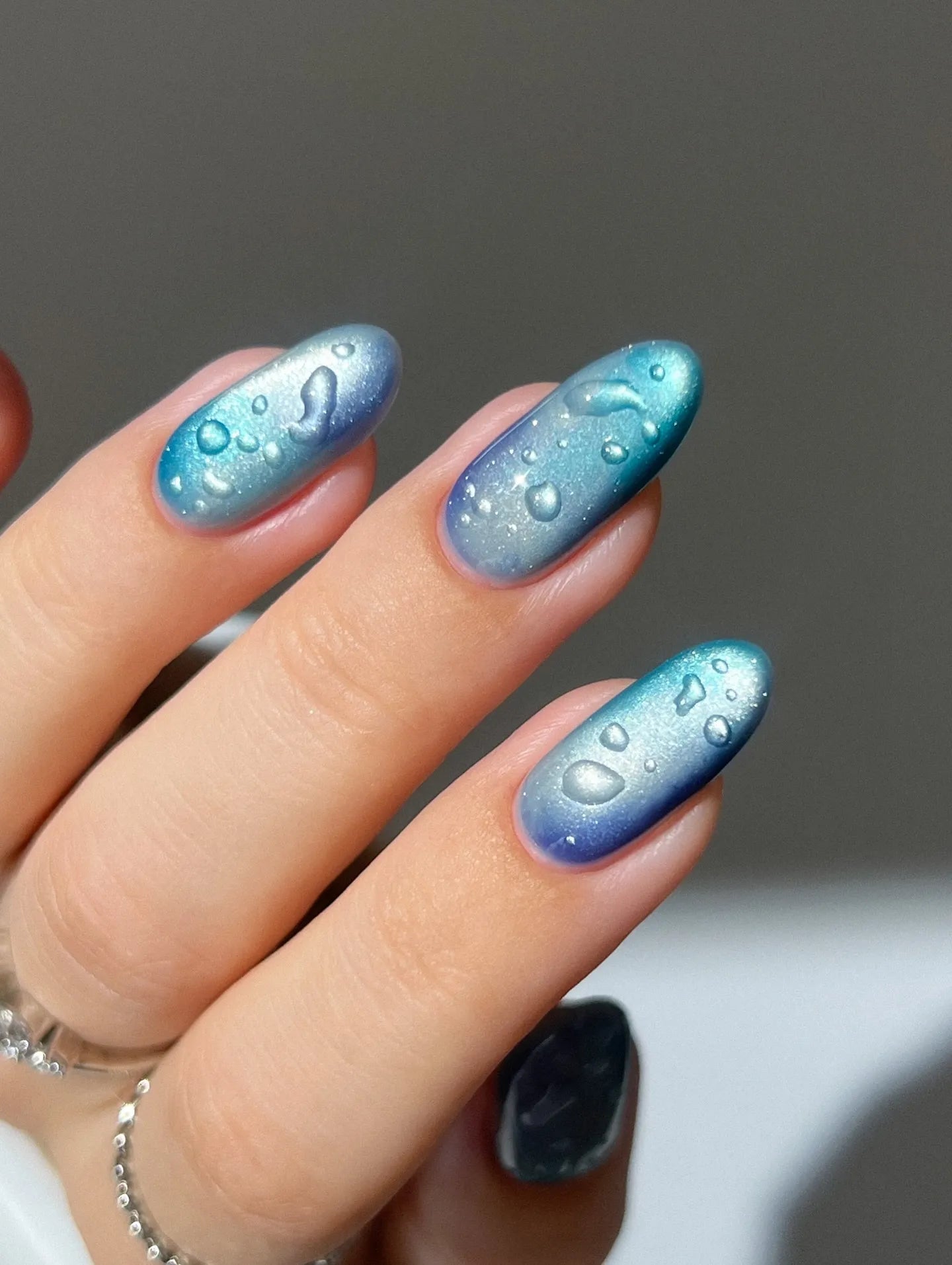 Handmade Teal Blue Ombre Water Drop Sparkle Press on Nails N07