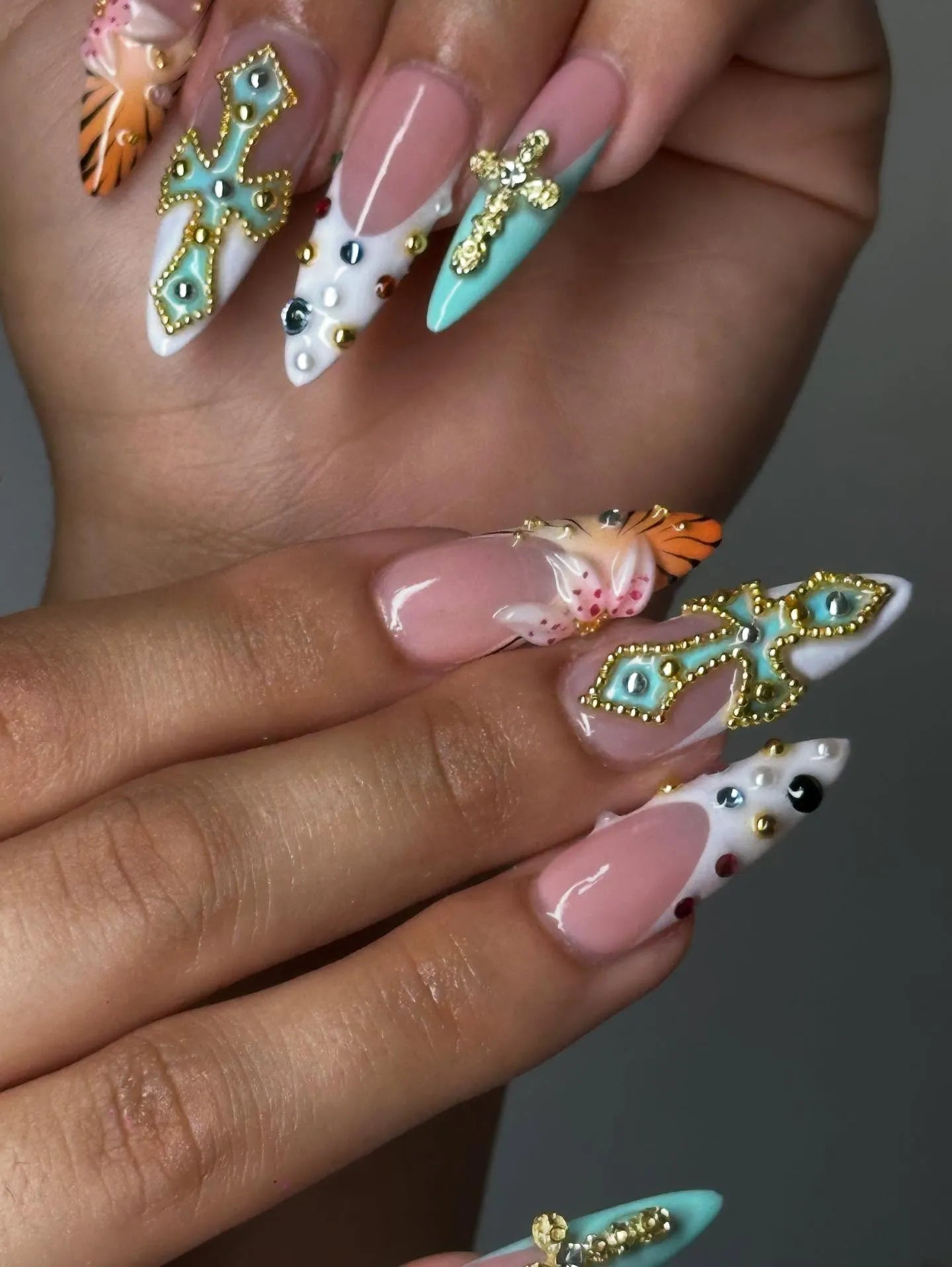 Handmade Teal Cross Jewel Tiger Stripe Accent Religious Gold Stud Press on Nails T52