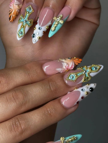 Handmade Teal Cross Jewel Tiger Stripe Accent Religious Gold Stud Press on Nails T52