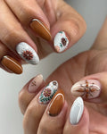 Handmade terracotta press-on nails with white lace and floral designs, boho nail art set