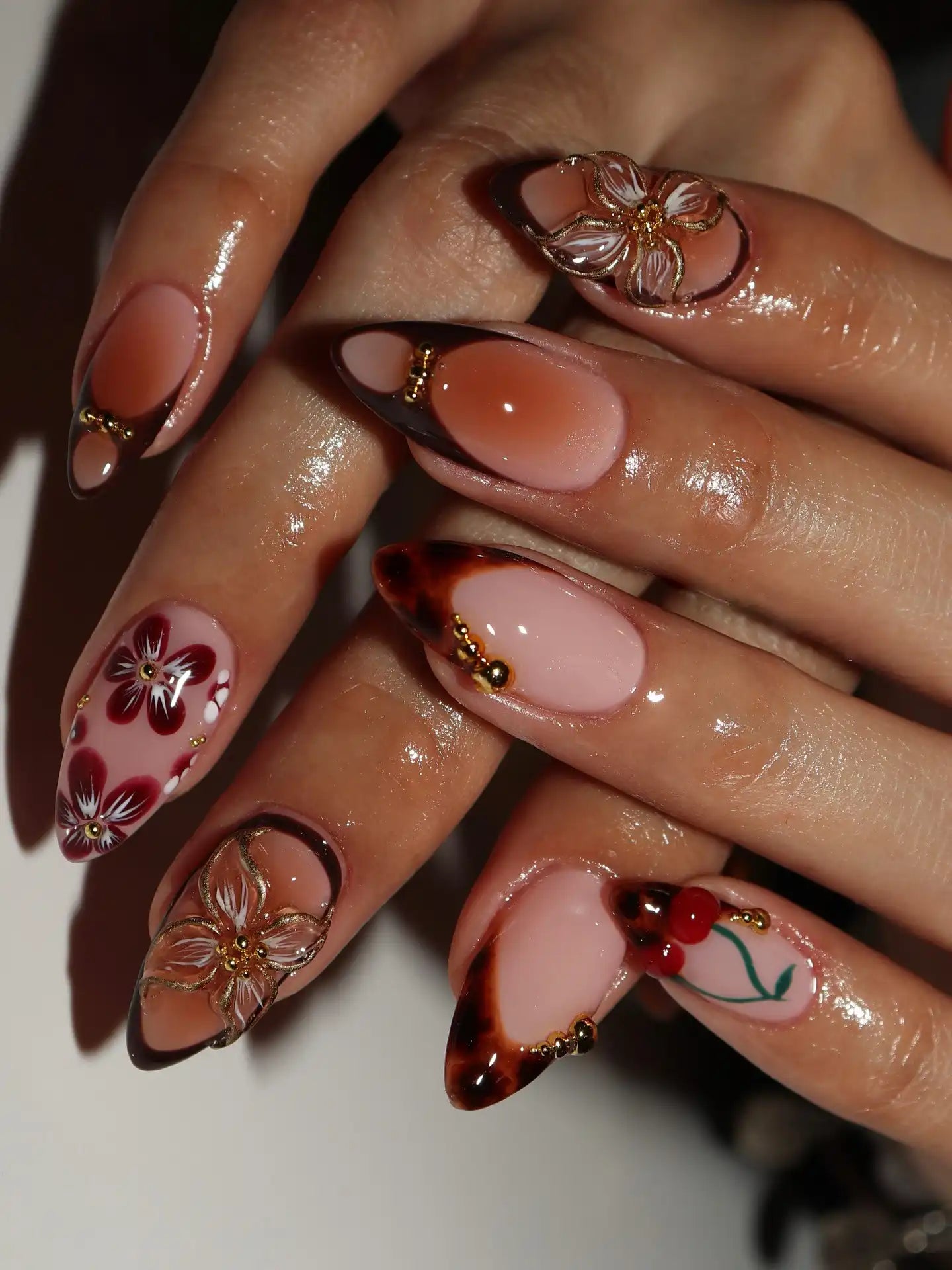 Handmade Tortoise Shell Ombre Flower Autumn Press on Nails F98