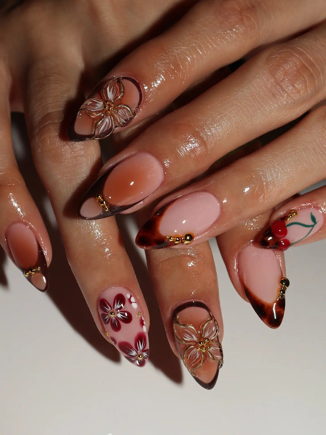 Handmade Tortoise Shell Ombre Flower Autumn Press on Nails F98