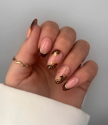 Handmade Tortoiseshell French Tip Gold Chrome Line Art Pumpkin Press on Nails QE2