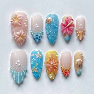 Handmade Tropical Flower Shell Pearl Beach Vacation Press on Nails K13