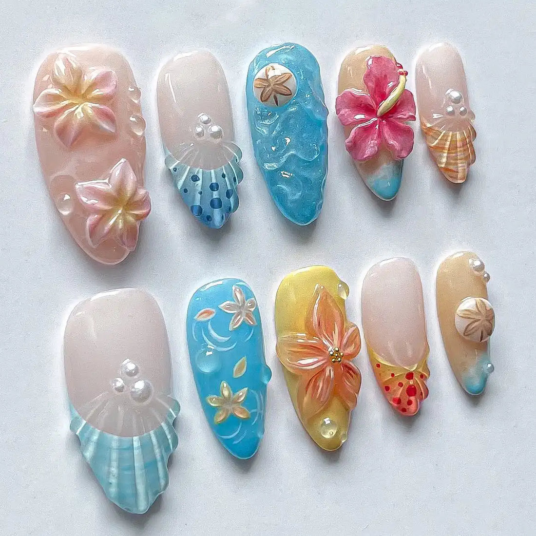 Handmade Tropical Flower Shell Pearl Beach Vacation Press on Nails K13