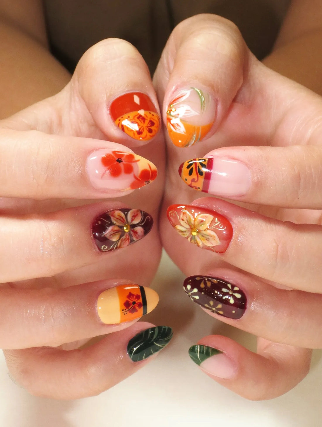 Handmade Tropical Hibiscus Autumnal Flora Multi-Color Artistic False Nails P92